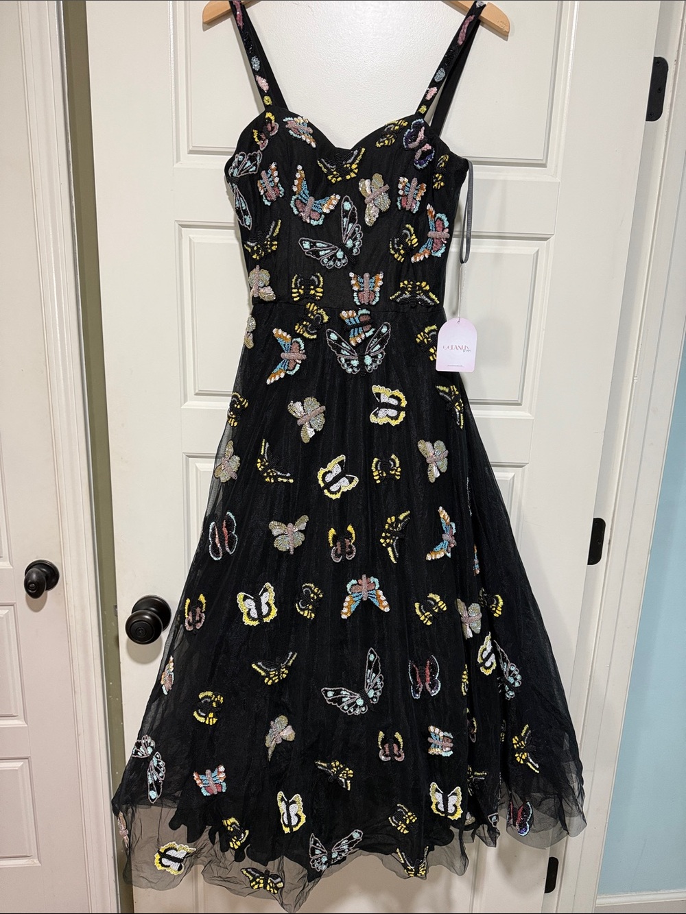 Oceanus tulle butterfly dress prom Black Butterfly beaded sequins Midi Dress